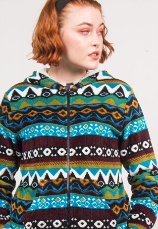 VINTAGE 90'S MULTICOLOUR ABSTRACT PATTERN FLEECE JACKET