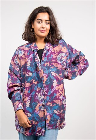 VINTAGE 90'S PURPLE FLORAL PATTERN SILK OVERSIZE SHIRT