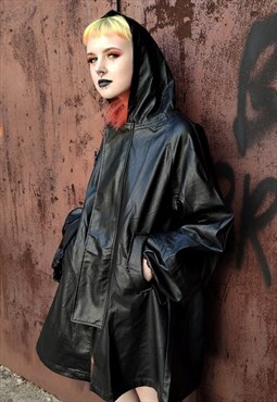 Faux leather hooded jacket top wide biker coat in black