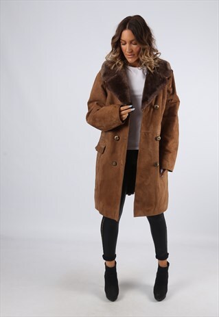 SHEEPSKIN SUEDE LEATHER SHEARLING LONG COAT UK 14 16 (A9BA)