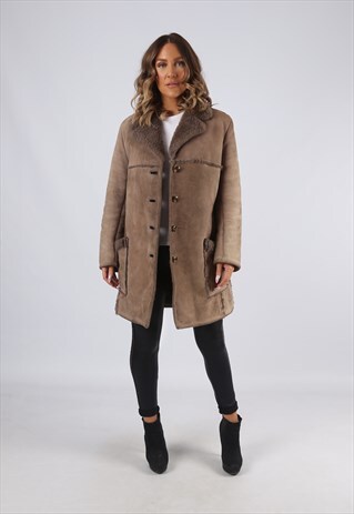 SHEEPSKIN SUEDE LEATHER SHEARLING COAT UK 14 (K95I)