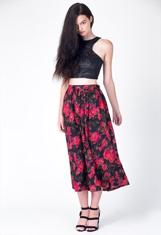 VINTAGE 80'S RED & BLACK LEAF PRINT SKIRT