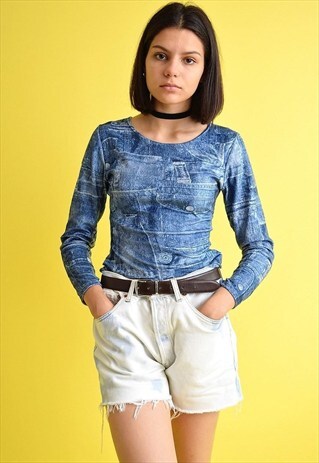 90'S RETRO VELVET DENIM PATTERN PRINT BLOUSE TOP