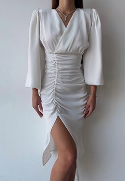 Eva Midi Ruched Side Slit Dress in White