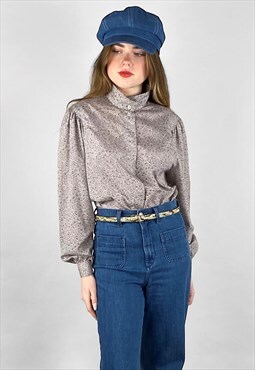 80's Grey Floral Print Vintage Ladies Long Sleeve Blouse