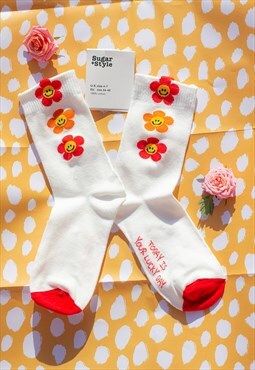White and Orange Three Flower Smiley Socks