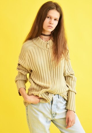 90'S RETRO NEUTRAL NORMCORE KNIT RIBBED CARDIGAN TOP