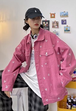 Heart embroidered denim jacket Love jean blazer in pink