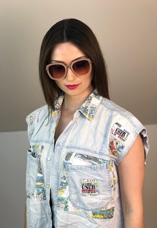 TEXAS COMIC VEST 90S JEAN EUROPE BLOUSE SHIRT BUTTONS