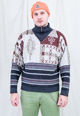 Vintage sweater mockneck patterned zip up pullover men M/L
