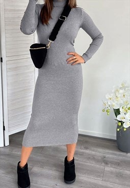 justyouroutfit Grey Basic Roll Neck Ribbed Dress