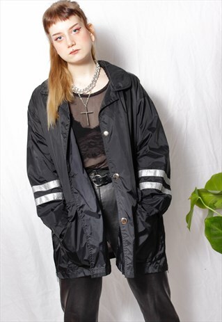 90S GRUNGE Y2K GOTH BLACK NYLON SILVER REFLECTIVE WINDJACKET