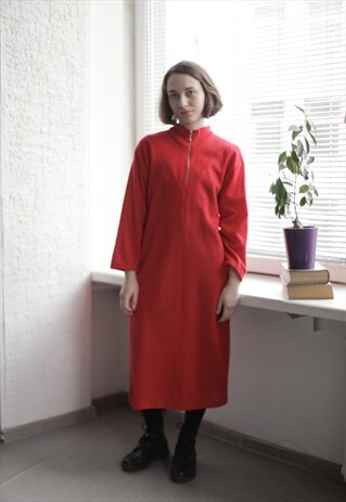 VINTAGE 80'S MIDI BRIGHT RED LONG SLEEVED HIGH COLLAR DRESS