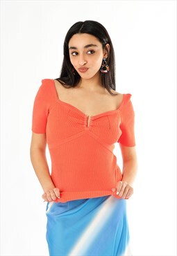 Coral Sweet Heart U Scoop Ring Cut Out Knit Top