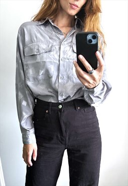 80s Silver Satin Elegant Relaxed Blouse / Shirt / M