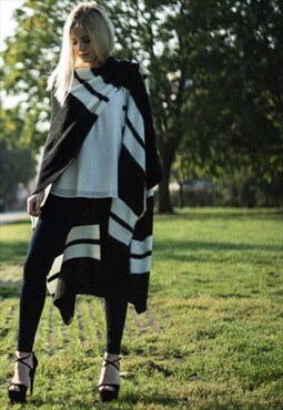 Black white stripe knitted wool blend poncho cape cardigan