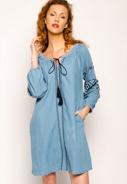 Long Sleeve Light Denim Dress with Navy Embroidery