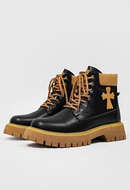 Tractor platform boots cross patch high ankle grunge shoes