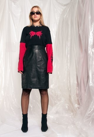 VINTAGE LEATHER SKIRT 80S HIGH-WAIST BLACK GRUNGE MIDI