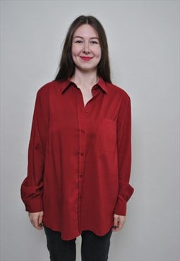 Vintage 90s oversized blouse, red button up blouse casual 