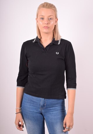 FRED PERRY WOMENS VINTAGE POLO SHIRT LARGE BLACK 90S