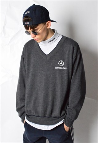 VINTAGE GREY EMBROIDERED MERCEDES BENZ WOOL V-NECK JUMPER