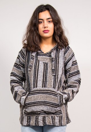 90'S VINTAGE GREY STRIPE BAJA HOODIE JUMPER