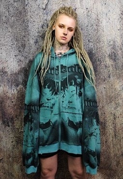 Distressed Kawaii print pullover Korean Manga hoodie green