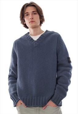 STONE ISLAND Knit Sweater V-Neck Jumper Knitted Blue Y2k 