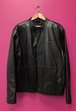 Vintage Biker Jacket Black Leather Collarless Zip 