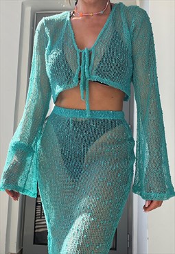 Tie Front Cardi & Maxi Skirt Co-Ord in Teal Popcorn Knit