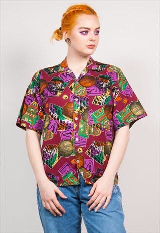 VINTAGE 90'S COLOURFUL ROBOT PATTERN SHORT SLEEVE SHIRT