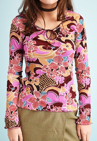 Y2K MESH FLORAL PRINT KITSCH TEEN PARTY TOP