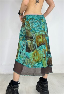 Vintage 90S Skirt Midi Mesh Layered Printed Boho Low Rise 
