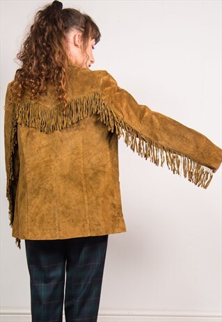 VINTAGE 90'S FAUX BROWN SUEDE TASSLE JACKET