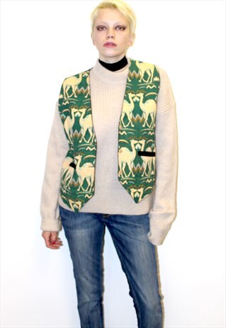 80S VINTAGE WAISTCOAT CAMEL PRINT GREEN KITSCH RETRO TOP