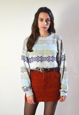 80S VINTAGE GREY AND PURPLE PATTERN KNIT JUMPER
