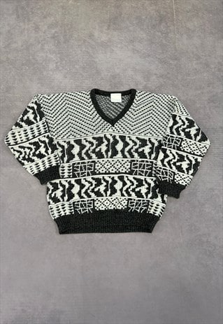 VINTAGE KNITTED JUMPER ABSTRACT PATTERNED GRANDAD SWEATER