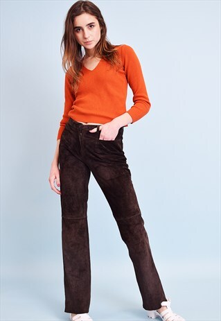 90'S RETRO BOHO REAL SUEDE REGULAR WAIST FLARE TROUSERS