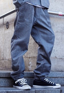 Grey Retro Premium wool Striped fabric trousers Pants 