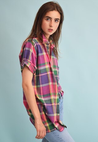 90'S RETRO FESTIVAL CHECKED PRINT OVERSIZED BLOUSE TOP