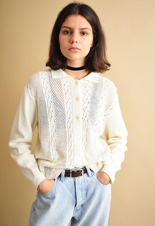 VINTAGE 80'S RETRO OFF-WHITE NORMCORE KNITTED CARDIGAN TOP