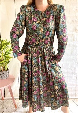 Vintage Dark Green Floral Prairie 70's Midi Dress