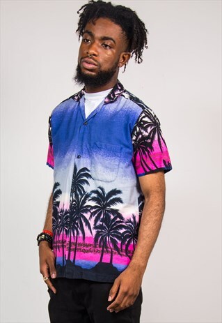 90'S VTG PALM TREE BEACH SUNSET HAWAIIAN OPEN COLLAR SHIRT
