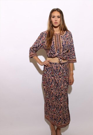 VINTAGE 1970'S 70'S 2-PIECE BATIK OUTFIT MAXI SKIRT TOP M-L