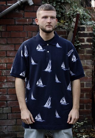 VINTAGE NAUTICA ALL OVER PRINT SAILING POLO SHIRT XL