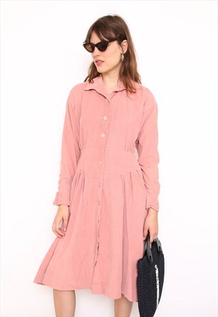 VINTAGE 90S PINK CORD LONG SLEEVE MIDI DRESS