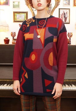 Vintage 90s Abstract Geometric Pattern Wool Mix Jumper