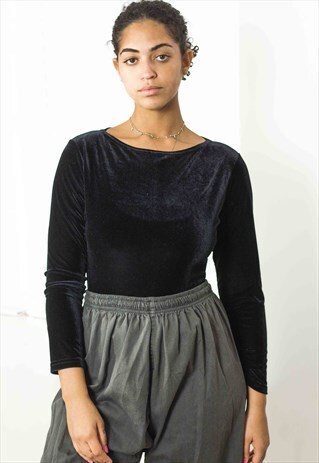 VINTAGE VELVET BLACK BLOUSE 90S ONE SIZE 8.3