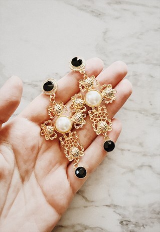 GOLD LARGE PEARL RHINESTONE STATEMENT CROSS
